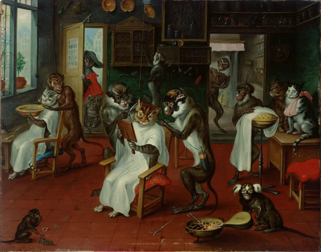 Barbershop with monkeys and cats, by Abraham Teniers