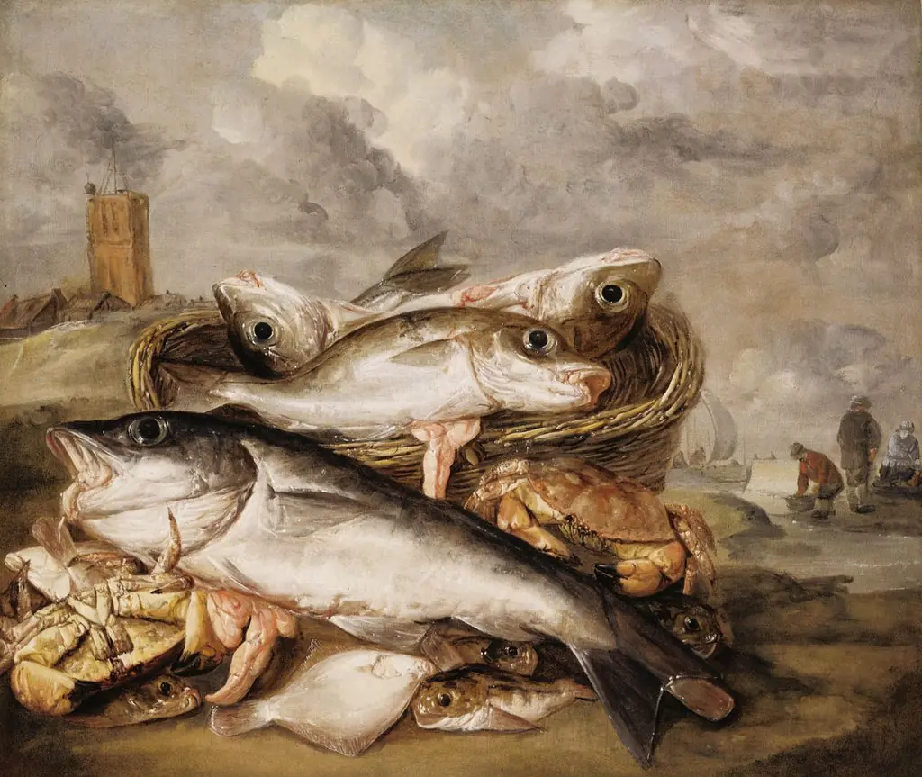 Still Life of Fish on the Shore at Egmond aan Zee, by Abraham van Beijeren