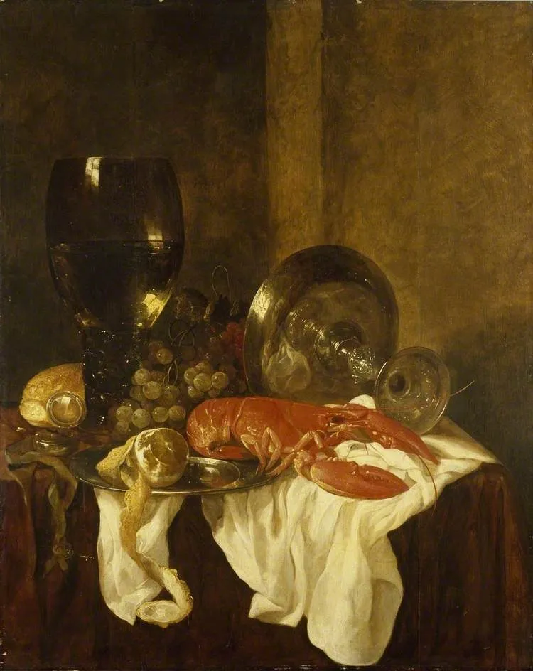 Still Life with a Lobster, by Abraham van Beijeren, oil, 1650