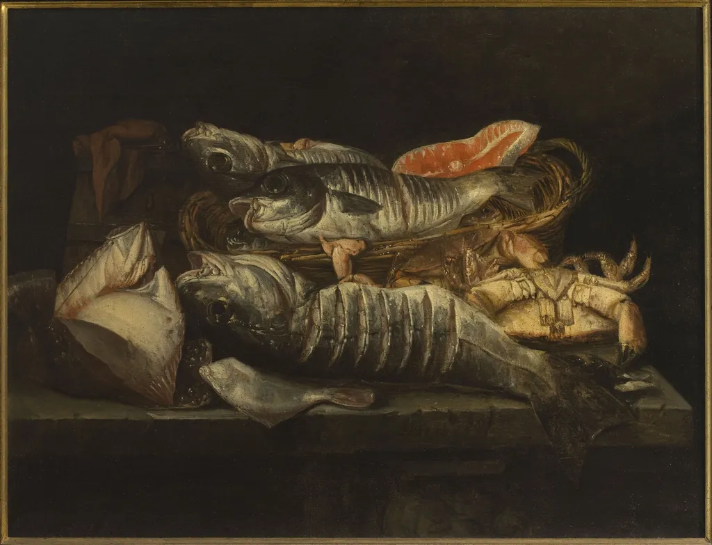 Still Life with Fish and Crustaceans on a Table, by Abraham van Beijeren, oil, 1660