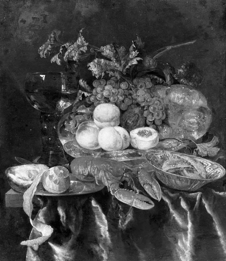 Still life with lobster, fruit, peeled lemon, rummer, silver dish and faience dish on a dark tablecloth, by Abraham van Beijeren