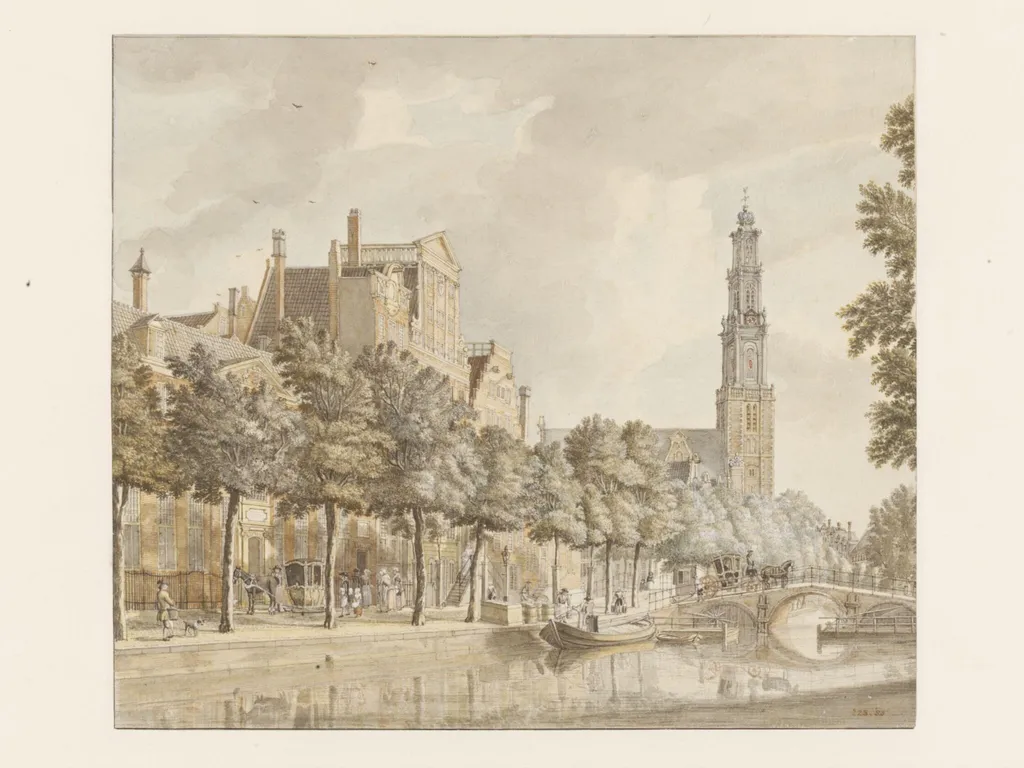 View in Amsterdam with Canal Houses and the Westerkerk on the Prinsengracht, by Abraham van Beijeren, watercolor