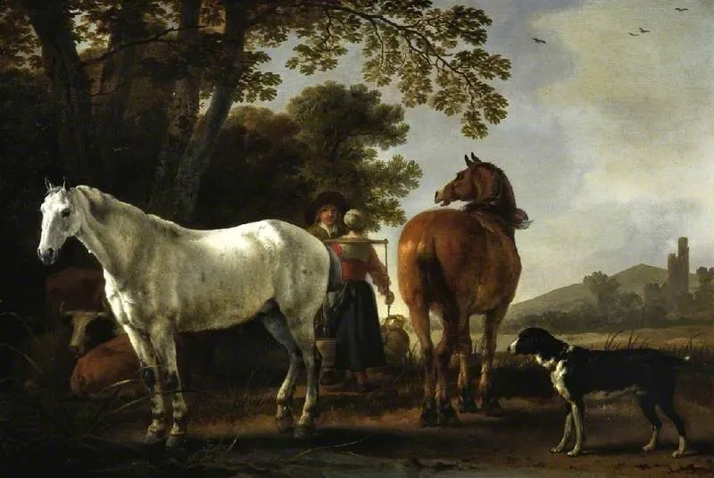 Landscape with figures and horses, by Abraham van Calraet, oil, 1696