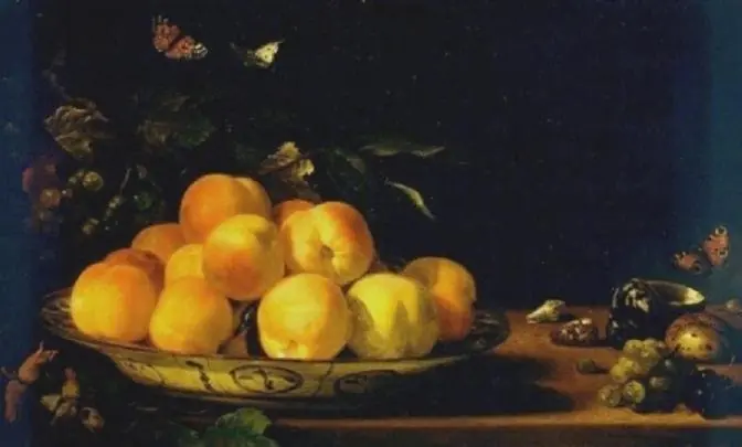 Peaches in a porcelain bowl