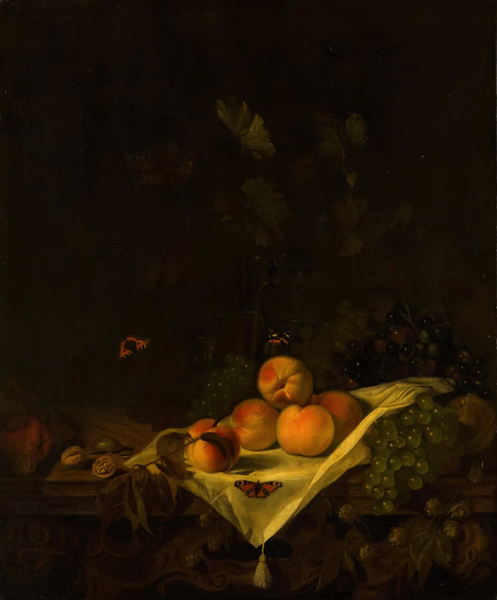 Still life with peaches and grapes, by Abraham van Calraet, oil, 1690