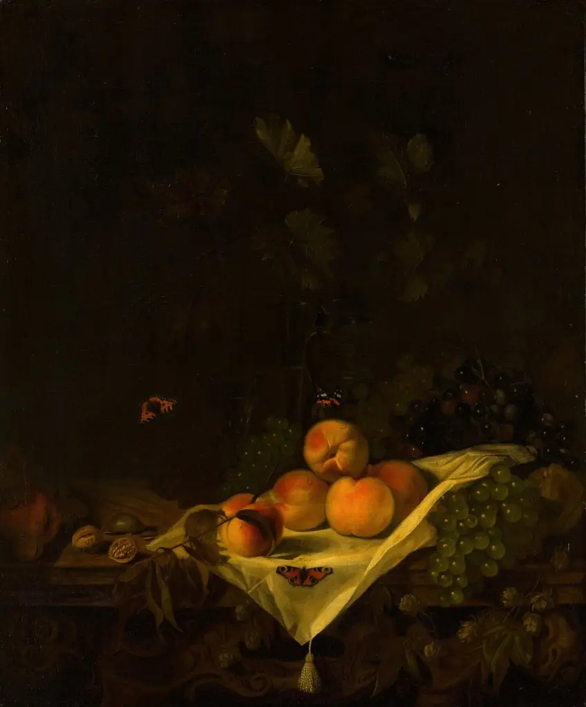 Still life with peaches and grapes