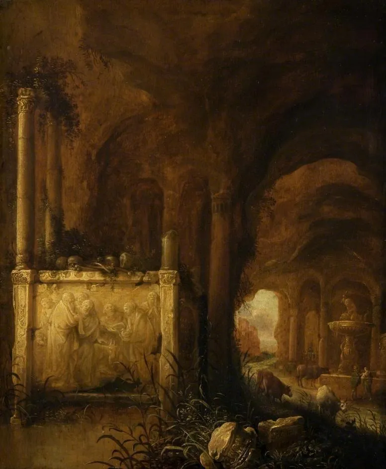 A Tomb in a Grotto, by Abraham van Cuylenborch, oil, 1641