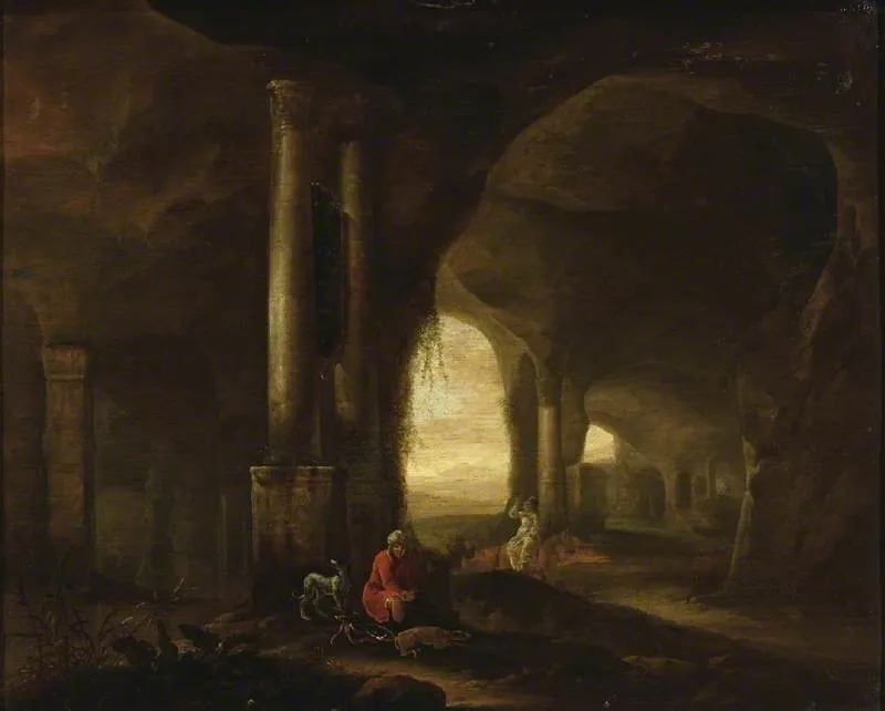 Grotto with figures, by Abraham van Cuylenborch, oil, 1647