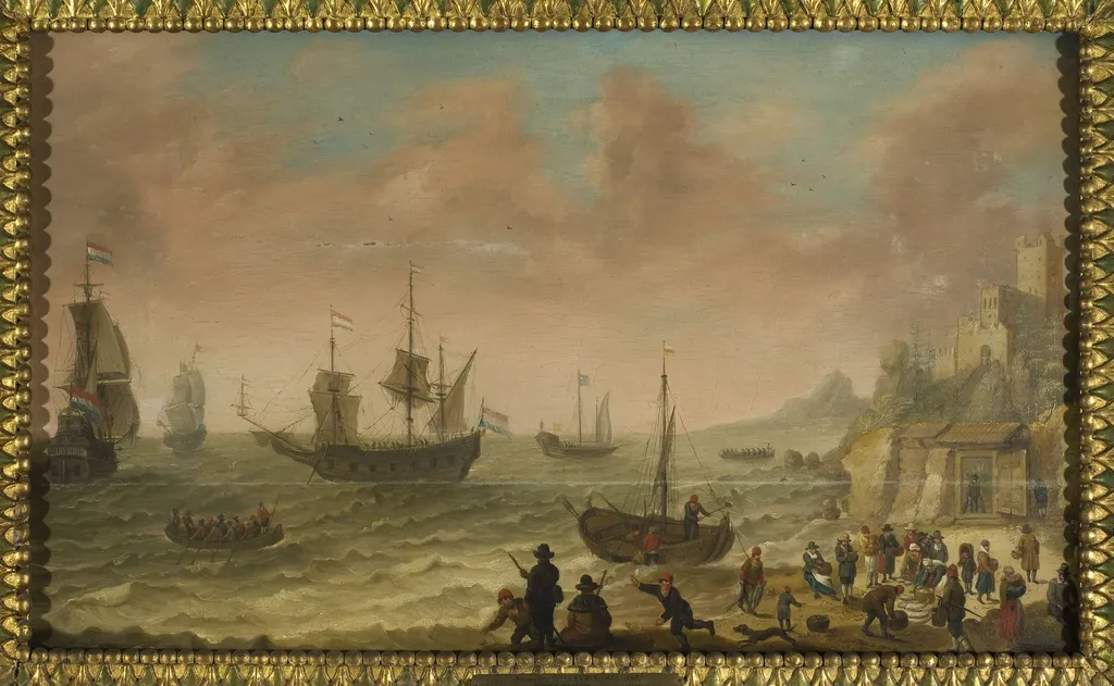 A Coastal Scene with Dutch Vessels and a Fish Market, by Abraham Willaerts, oil, 1650