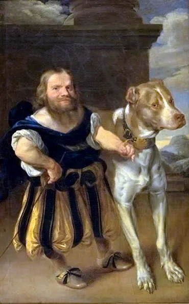 The Elector of Saxony's Italian Dwarf, Giachomo Favorchi with Princess Magdalene Sibylle's Dog, Raro, by Abraham Wuchters, oil, 1665