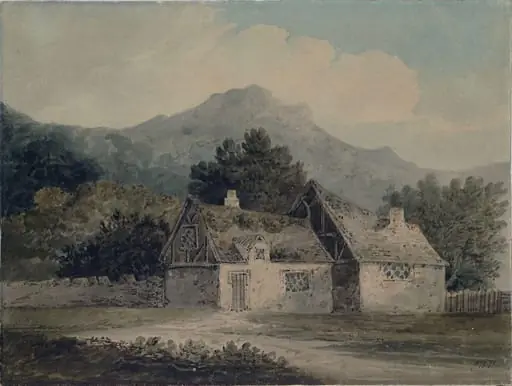 Mountainous landscape with cottages, by William Pearson, watercolor, 1806