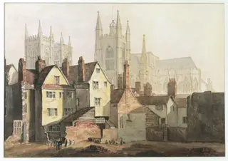 St. Margaret's, Westminster, and the abbey with old buildings in the foreground, by Gendall, watercolor, 1810