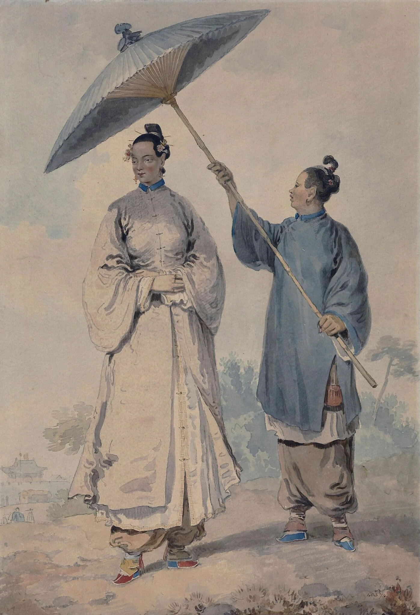 A Chinese lady with attendant, detail