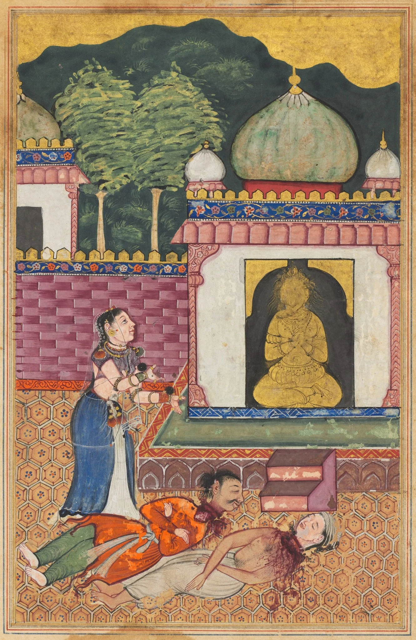 The princess discovers the dead bodies, with heads severed, of her husband and his Brahman friend, from a Tuti-nama (Tales of a Parrot): Thirty-fourth Night, detail