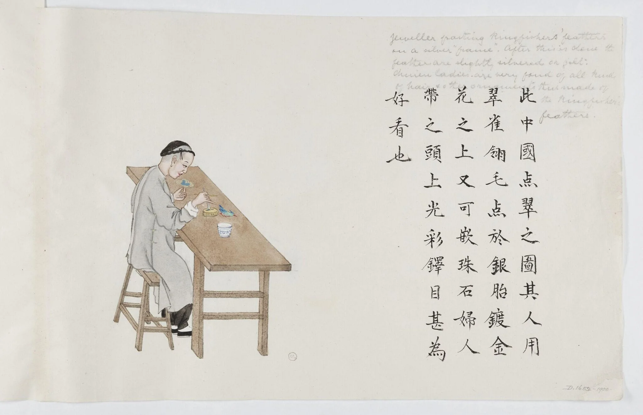 Jeweller pasting kingfisher feathers on a silver-gilt frame, detail