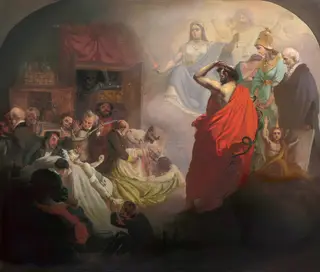 Homeopathy gazing upon the horrors of Allopathy, by Alexander Beydeman, oil, 1857