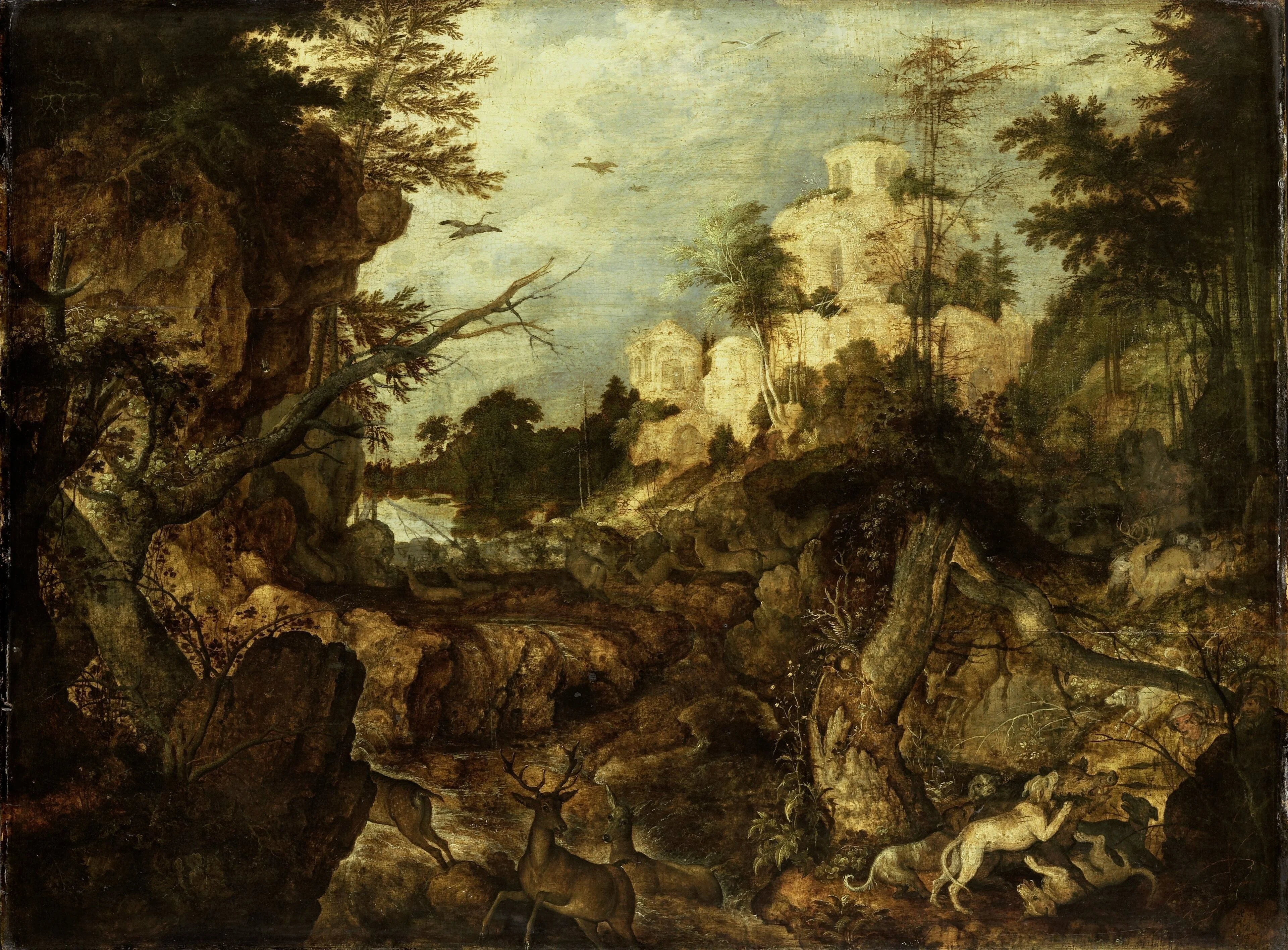 Wild boar hunt in a rocky landscape, detail