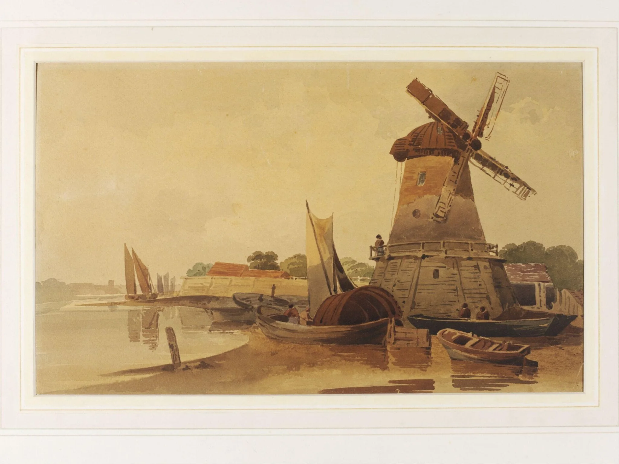 View on the Thames, with windmill and boats, detail