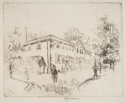 Fourth Street, Meeting House, Philadelphia, by Joseph Pennell, ink, 1920