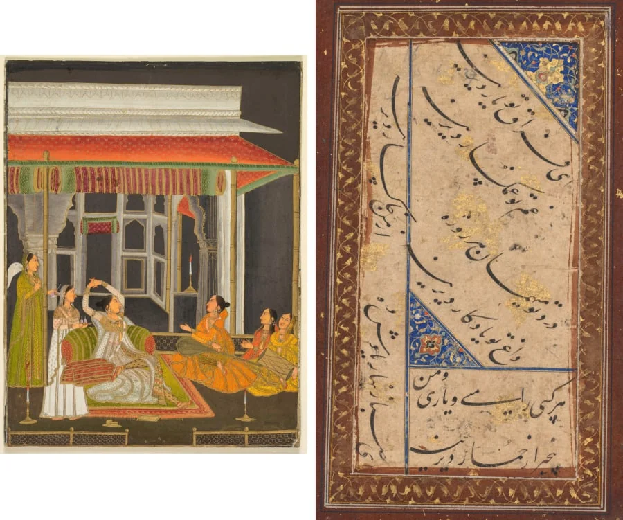 A princess on a terrace with attendants at night (recto); Calligraphy (verso), detail