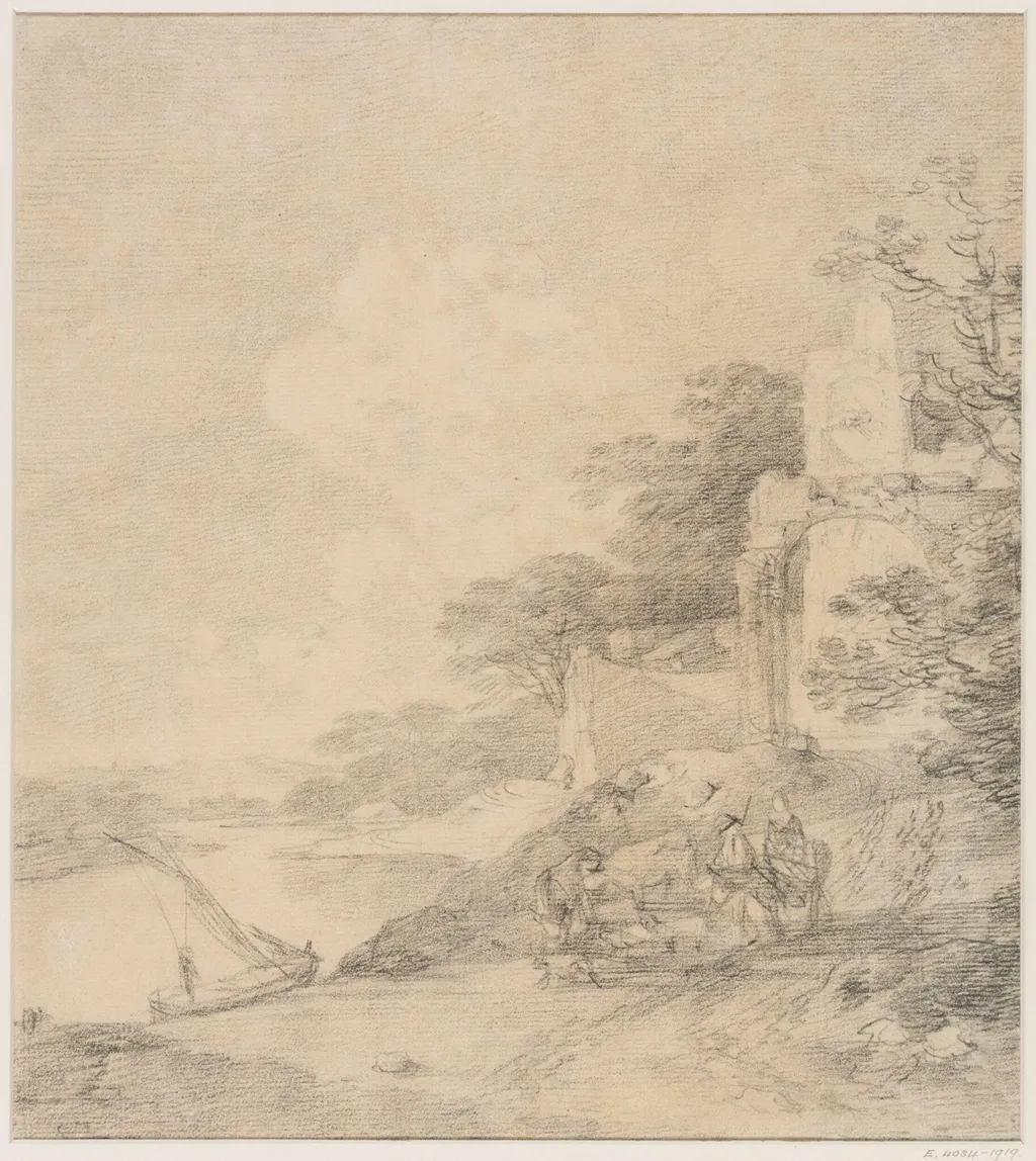 Landscape with figures and ruin by a river, by George Frost, 1754