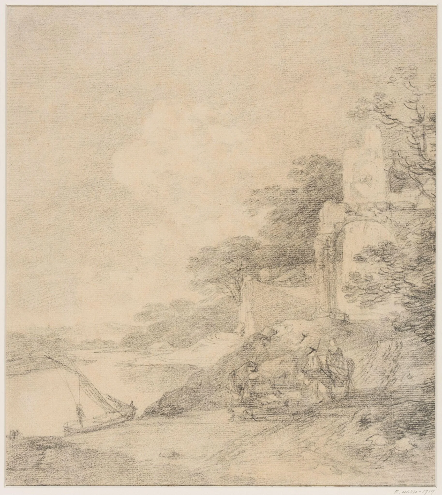Landscape with figures and ruin by a river, detail