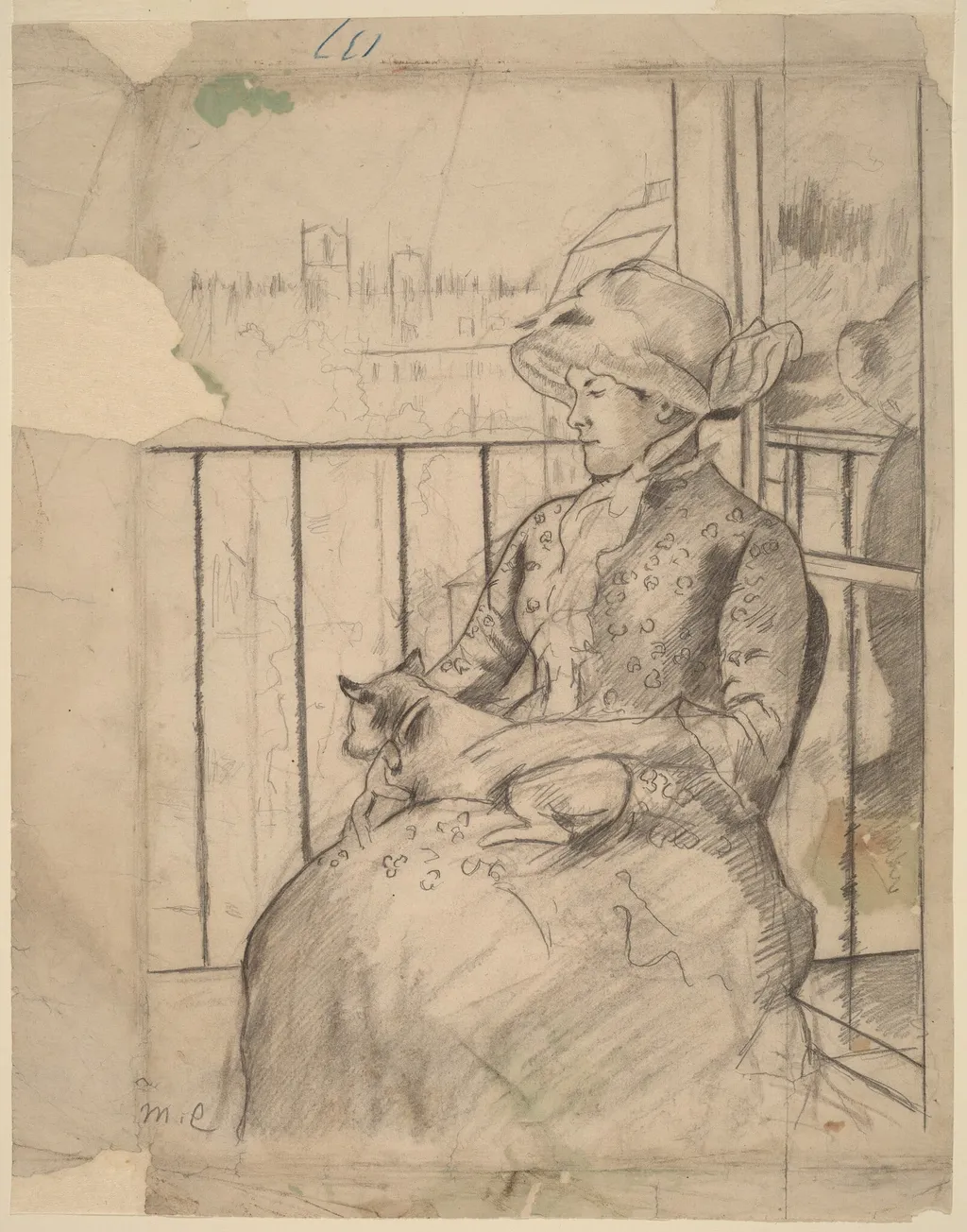 Susan on a Balcony Holding a Dog [recto], by Mary Cassatt, graphite, 1883