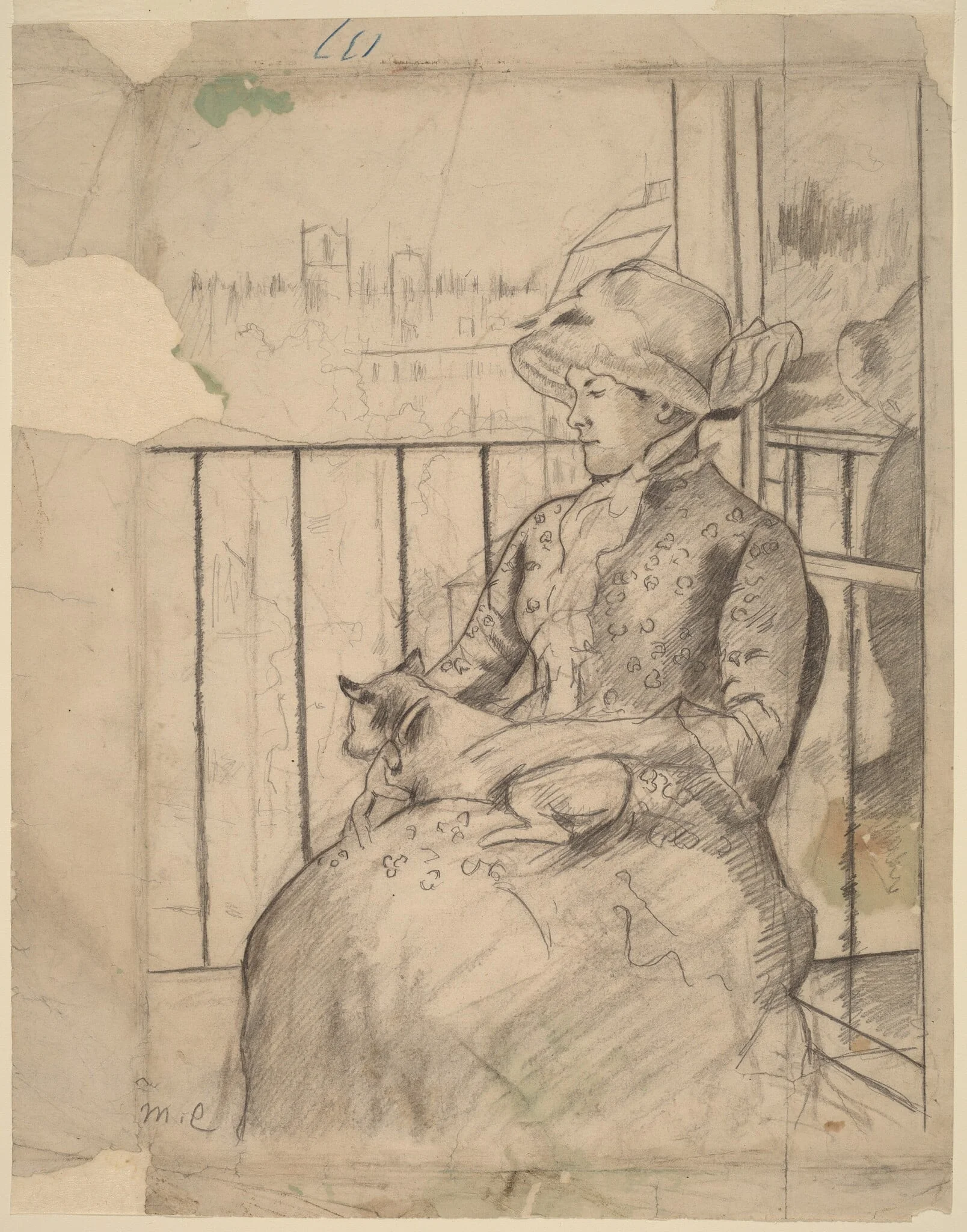 Susan on a Balcony Holding a Dog [recto], detail