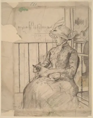 Susan on a Balcony Holding a Dog [recto], by Mary Cassatt, graphite, 1883