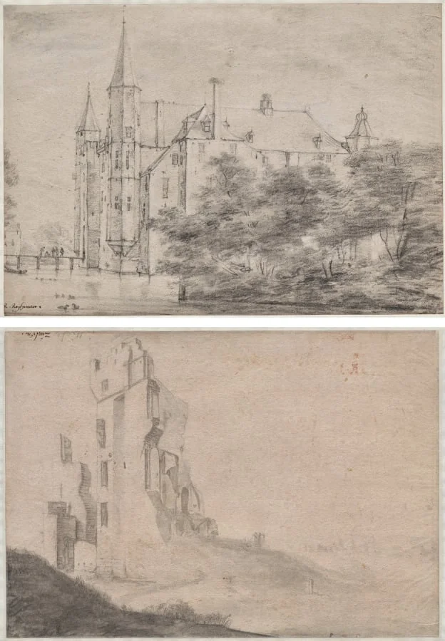 Zuylen Castle, near Utrecht (recto)/Ruin of the huis Ter Kleef, near Haarlem (verso), detail