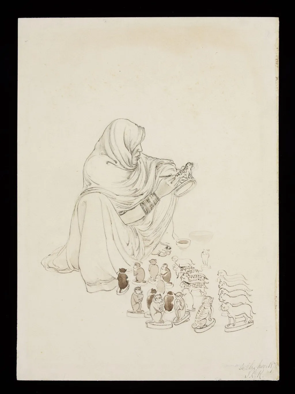 A seated woman painting spots on a toy leopard, by John Lockwood Kipling, 1870