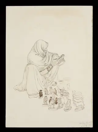 A seated woman painting spots on a toy leopard, by John Lockwood Kipling, 1870