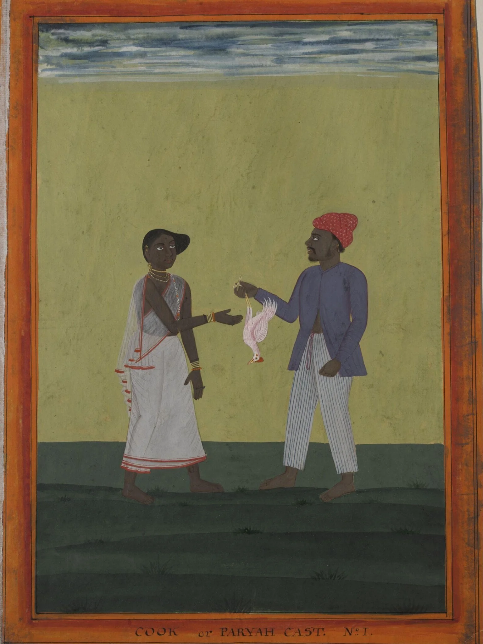 A cook holding a chicken, detail