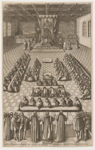 Queen Elizabeth in Parliament, by Renold Elstrack, ink, 1608