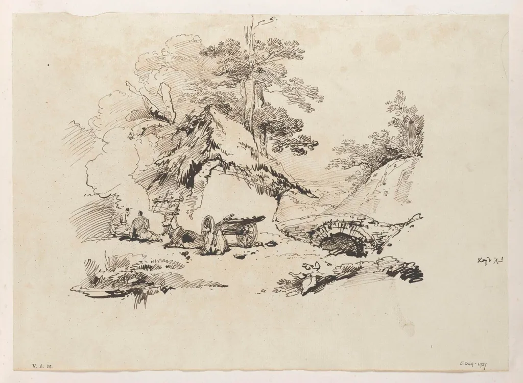 A Bengal landscape with a village dwelling, by George Chinnery, 16