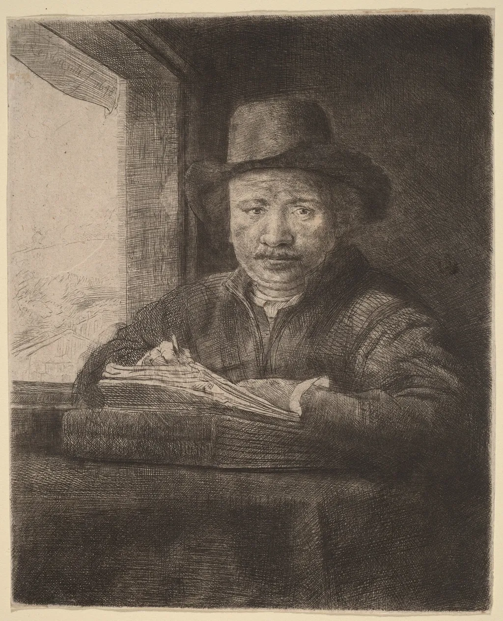 Self-Portrait Etching at a Window, by Rembrandt, ink, 1648