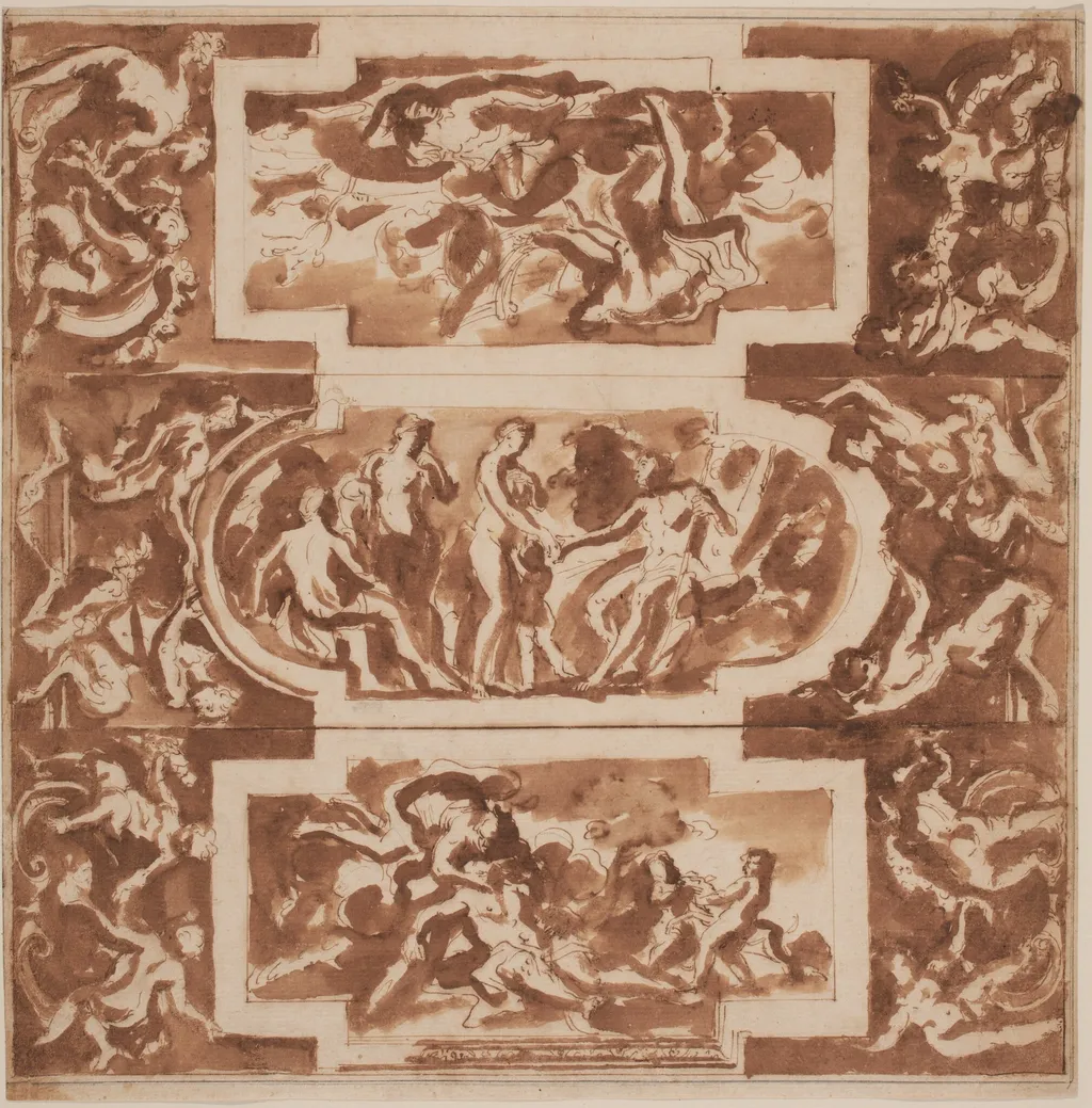 Modello for a Ceiling: Diana and the Dead Endymion, the Judgment of Paris, and the Death of Adonis, by Nicolas Poussin, chalk, 1641