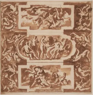 Modello for a Ceiling: Diana and the Dead Endymion, the Judgment of Paris, and the Death of Adonis, by Nicolas Poussin, chalk, 1641