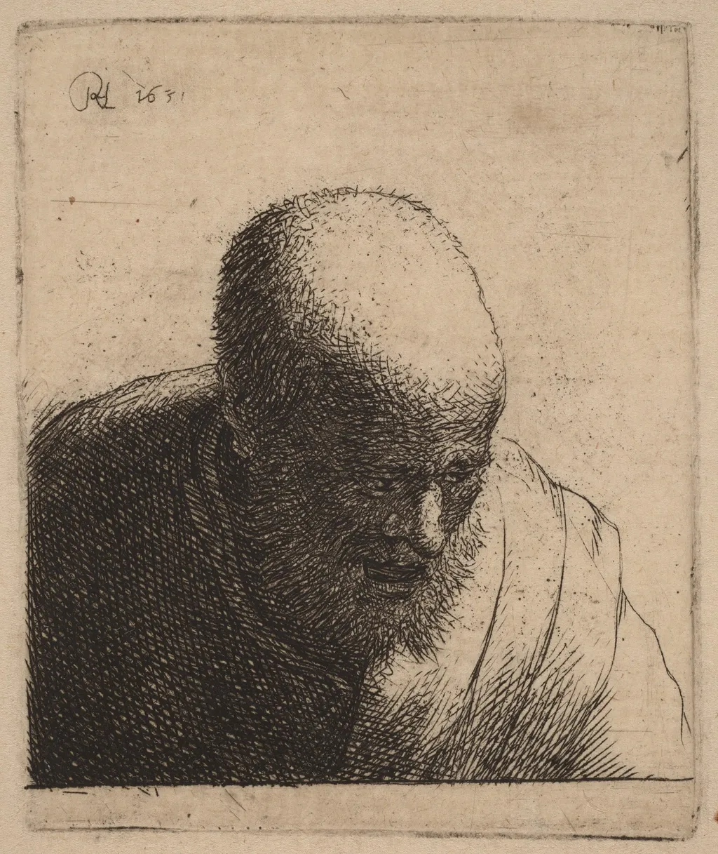 Bald Man with Open Mouth, Looking Down, by Rembrandt van Rijn, ink, 1630