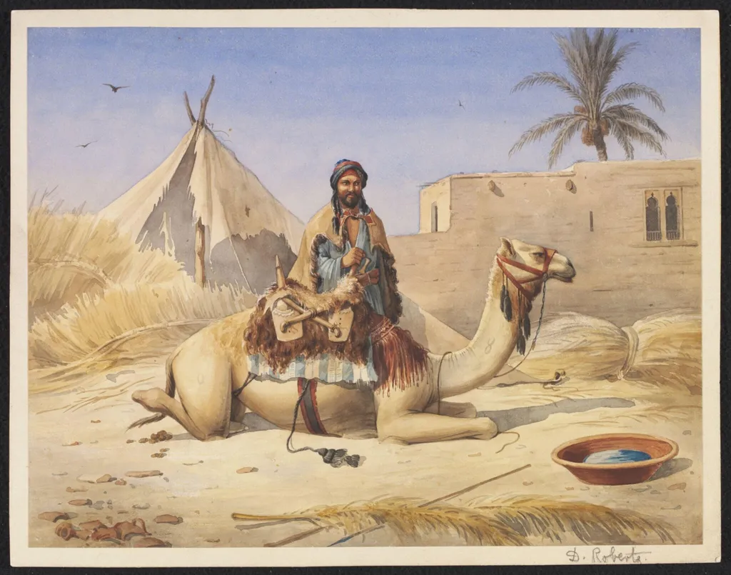 A Bedouin beside his Camel, probably in Egypt, by Achille-Constant-Théodore-Emile Prisse d'Avennes, watercolor, 1840
