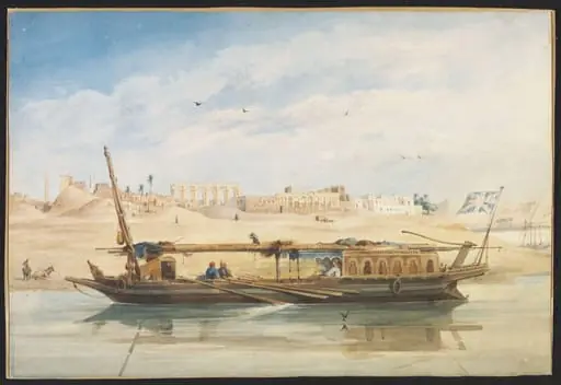 A Kanja on the Nile at Luxor, with the Temple of Luxor behind, by Achille-Constant-Théodore-Emile Prisse d'Avennes