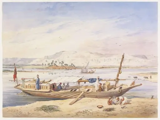 J.W.P.'s Kanja moored beside the East bank of the Nile at Luxor, by Achille-Constant-Théodore-Emile Prisse d'Avennes