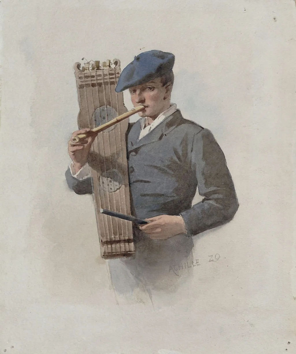 Man of the Basque Provinces of Spain showing the manner of playing the 'Tambourin' and 'Chulula' (or flageolet), by Achilles Zo, watercolor, 1885