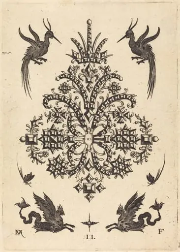 Brooch with Tablestones and Winged Griffins Above and at Bottom, by Daniel Mignot, ink, 1596