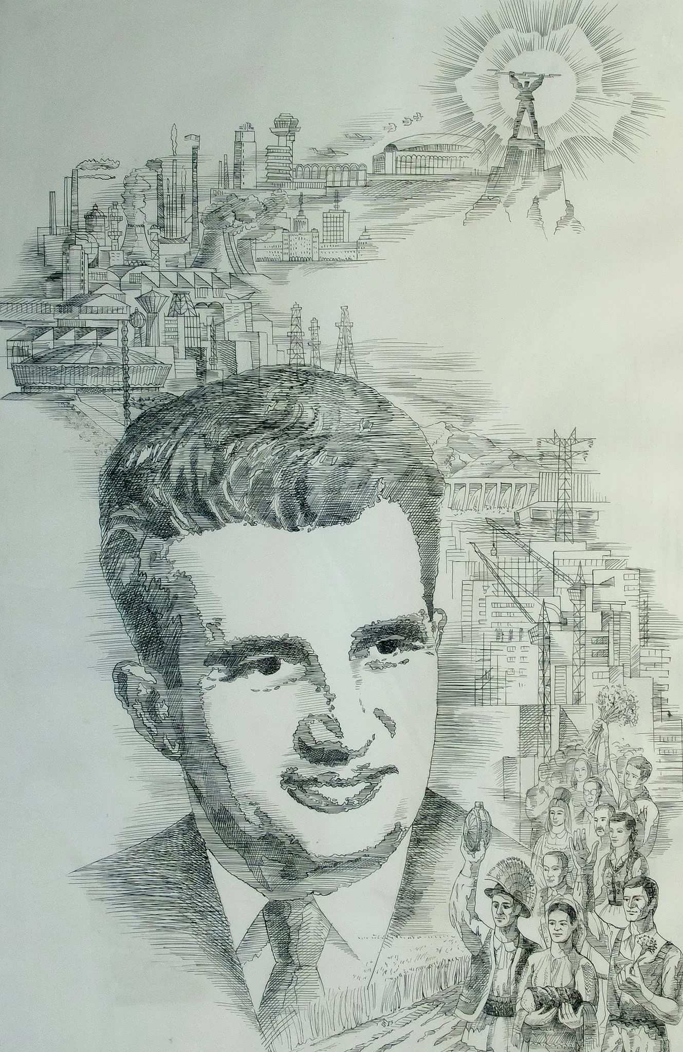 Tablou, desen cu tuș, portret Nicolae Ceaușescu pe fundal industrial, nesemnat, nedatat; atribuit lui Levente Csutak. Fundalul industrial este prezentat sub forma unui drum al realizărilor socialismului - la baza drumului stau oamenii muncii, continuă cu realizările: fabrici, uzine, combinate, hidrocentrala de la Porțile de Fier, clădirea Circului de Stat, Sala Palatului, statuia lui Prometeu de la Barajul Vidraru este luminată de un soare în formă de harta RSR. Deși nu este o realizare a socialismului este reprezentată și Coloana Infinitului a lui Brâncuși. Oferit de Comitetul Județean de Partid Brașov (1983)., detail