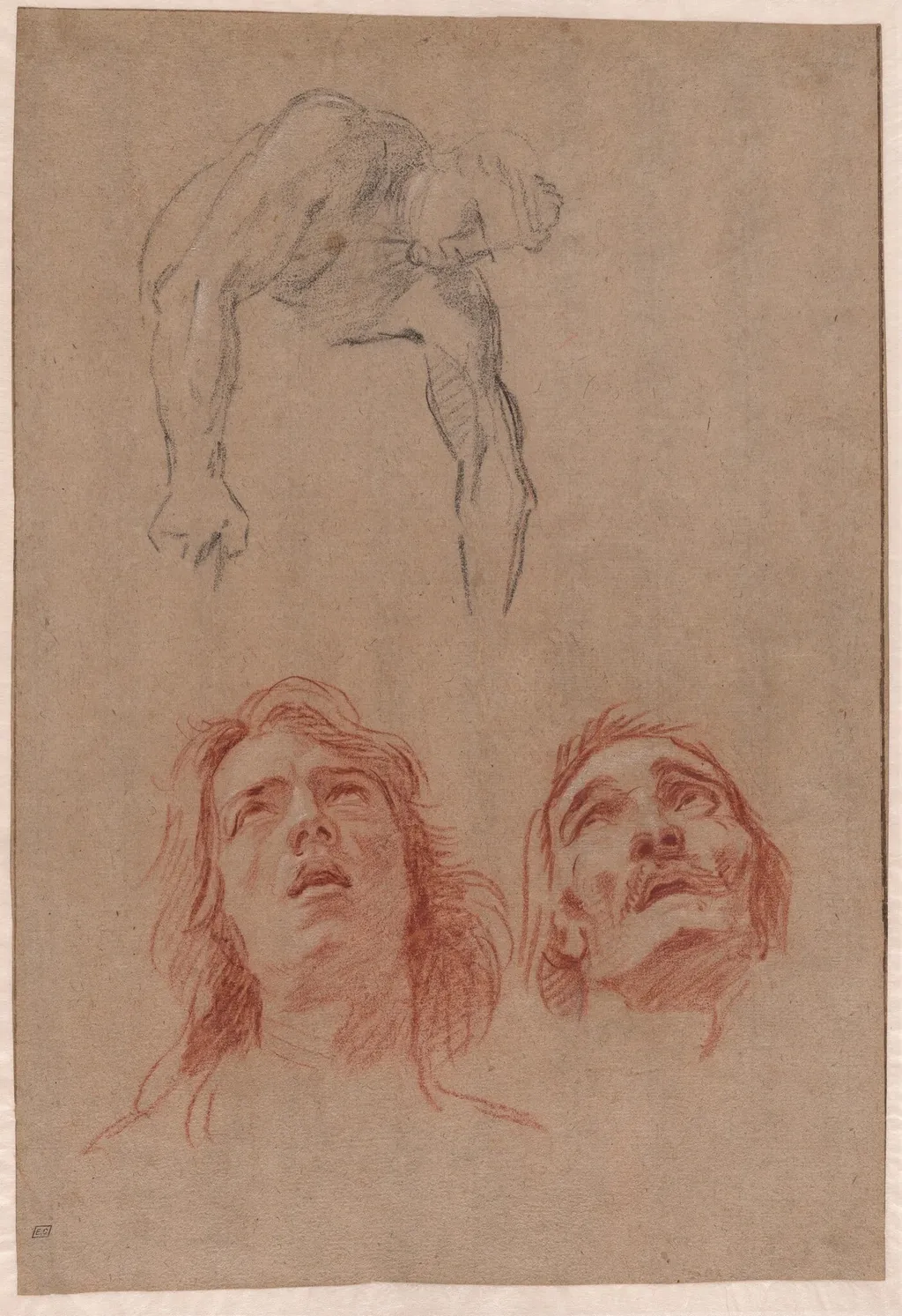 Man Reaching Down and Two Studies of Heads (recto), by Jean-Baptiste Jouvenet, chalk, 1698