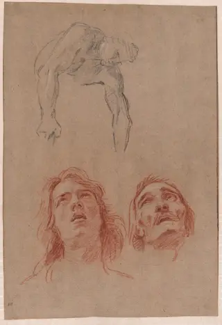 Man Reaching Down and Two Studies of Heads (recto), by Jean-Baptiste Jouvenet, chalk, 1698