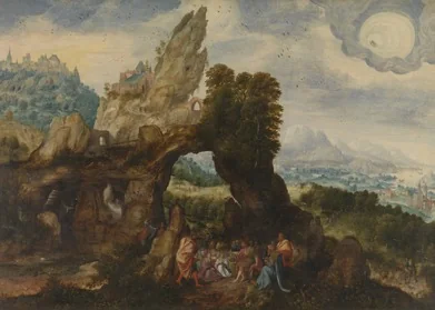 Berglandschap met de prediking van Johannes de Doper, detail