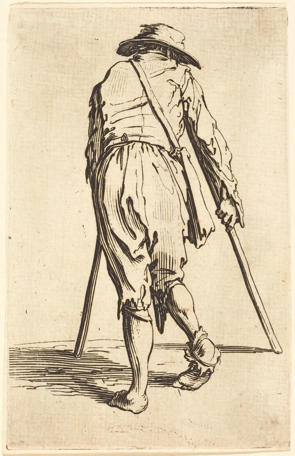 Beggar with Crutches and Hat, Back View, by Jacques Callot, ink, 1622