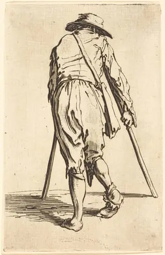 Beggar with Crutches and Hat, Back View, by Jacques Callot, ink, 1622